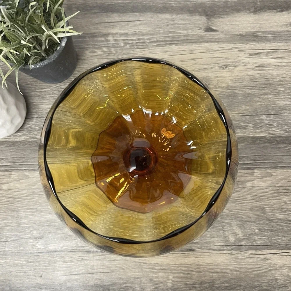 Vintage Italian Amber Glass Brandy Snifter Vase Optic Ribbed Scalloped Rim 8in
